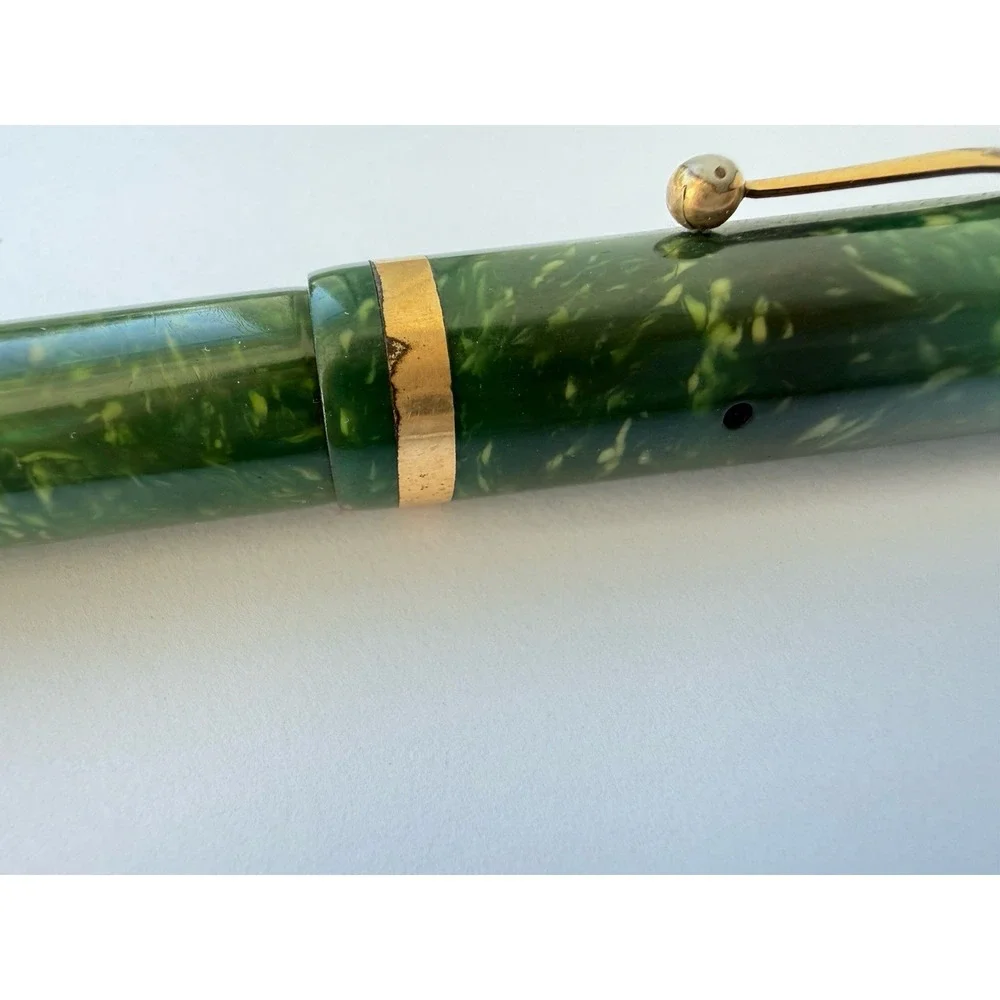 1920 Sheaffer Flat Top Full Sz 14k Nib Fountain Pen Jade Green Marbled White Dot